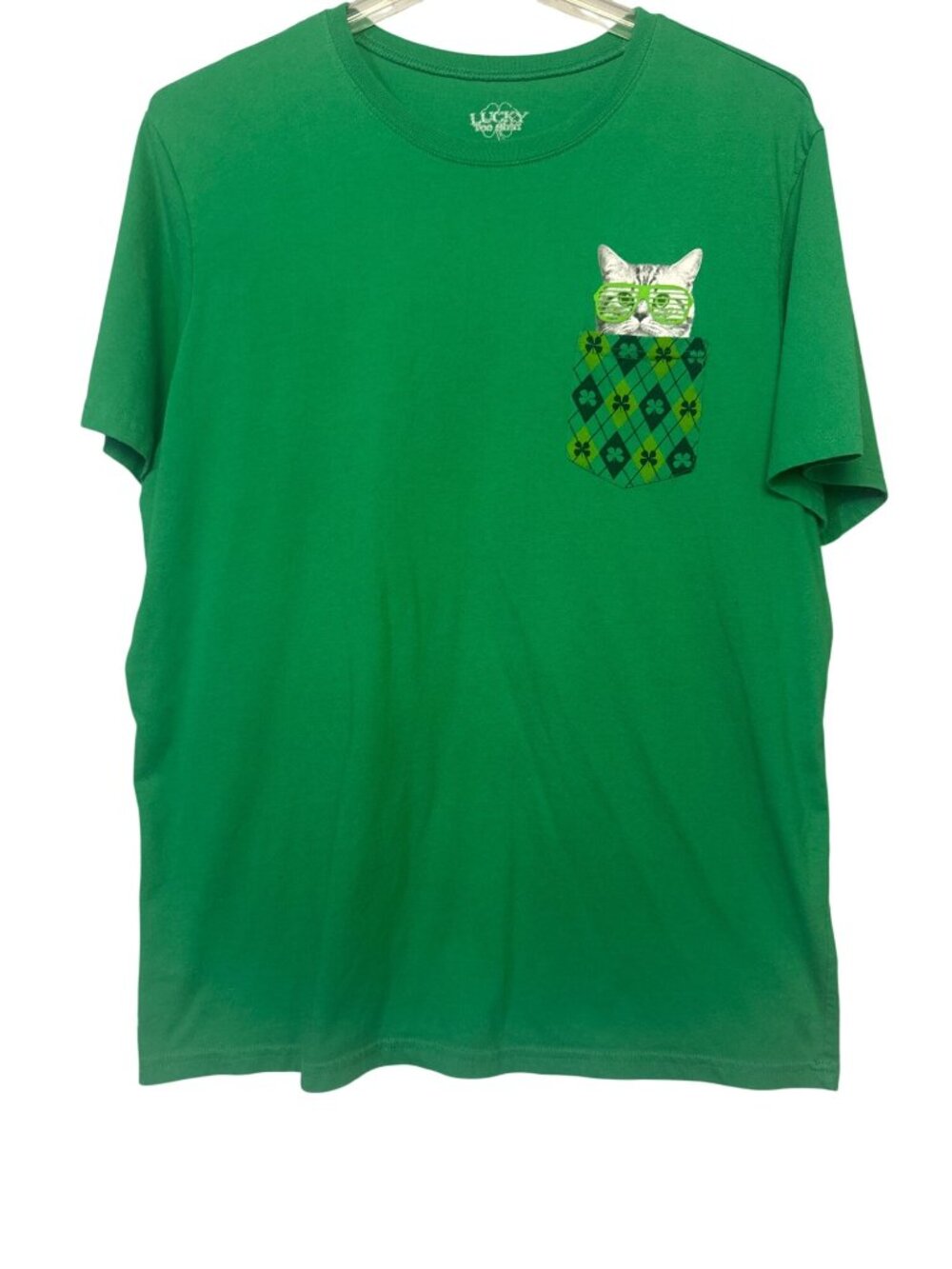 Lucky Tee Mens Graphic Tshirt Green XL Cotton Blend Crewneck Novelty Cat Pocket